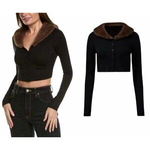 WeWoreWhat Black Button Front Crop Cardigan Sz M Faux Fur Collar Sweater NWT